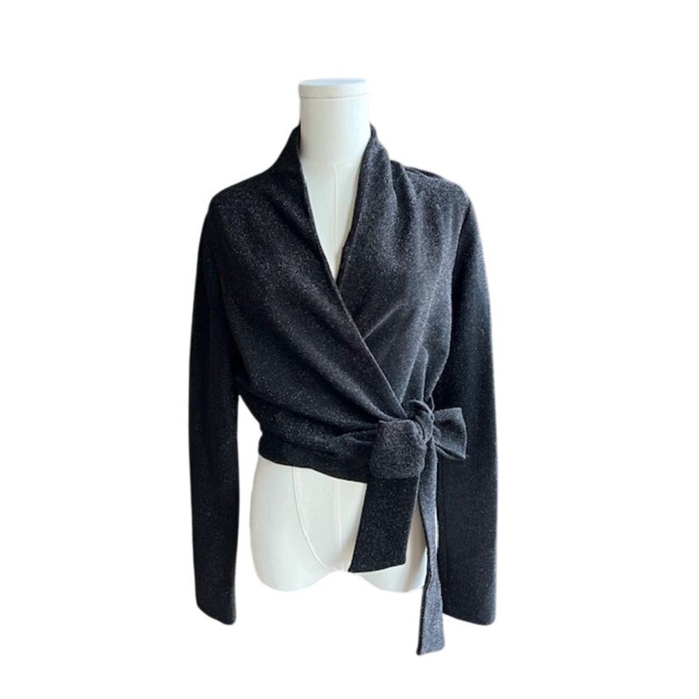 GANNI Black Metallic Stretch Knit Wrap Top, Size 42 (L-XL)